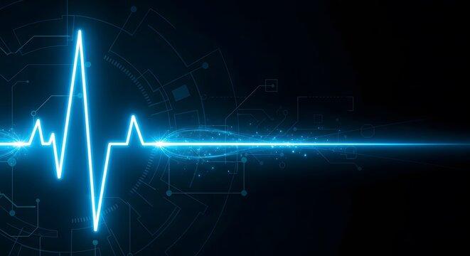 Neon blue electrocardiogram pulse line on a dark technological background heart rate cardiology
