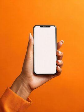 close up of woman hand using smartphone isolated on orange wall female hands showing empty white screen of modern smart phone businesswoman holding cellphone and unlocks it with her fingerprint no lo