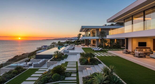 Ultra-Luxury Modern Cliffside Mansion with Oceanfront Infinity Pools and Sunset Coastal View - Powered by Adobe