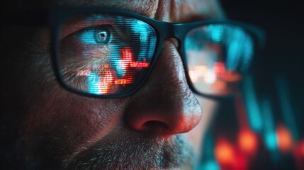Close up of man's eye reflecting digital data through glasses.