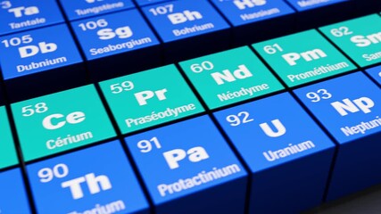 17 rare earth elements in the periodic table of elements in French language with atomic number, symbol and name of all elements and blue color for rare earths. Loopable video with moving camera