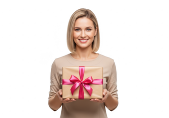 Smiling woman holding a gift box with a pink ribbon, isolated on transparent background
