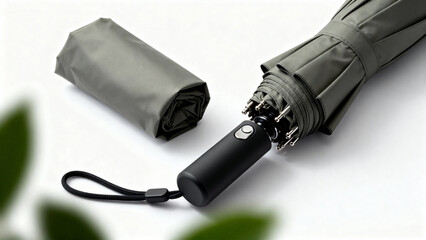 Folded Umbrella in Olive Green with Black Handle on White Surface