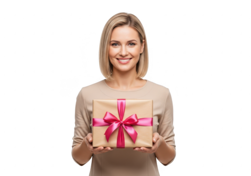 Smiling woman holding a gift box with a pink ribbon, isolated on transparent background
