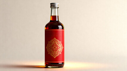 Glass Bottle with Red Label and Gold Pattern on Neutral Backdrop