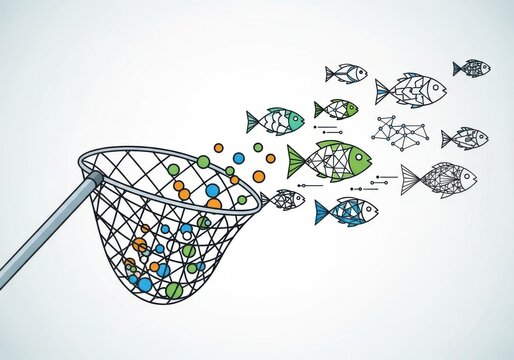 Catching leads with net, data analytics illustration for innovative growth