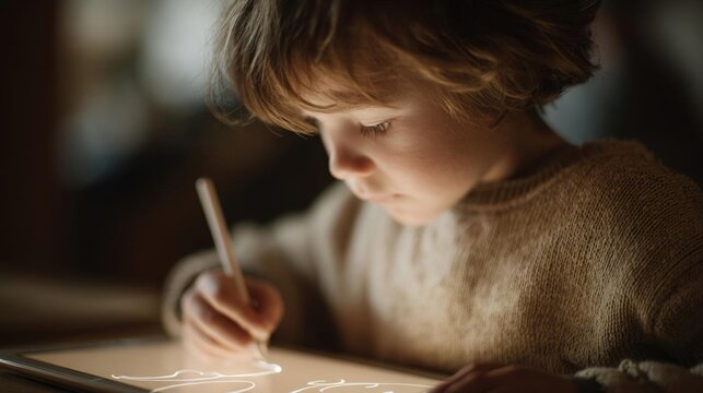 Young boy, probably around 4-5 years old, sitting at a table and drawing on a tablet. he is holding a pencil in his right hand and appears to be focused on his work.