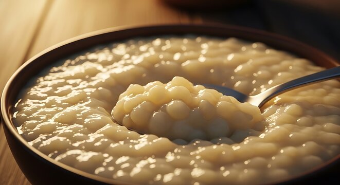 Mungunz (sweet hominy dish) with a spoon showing creamy consistency. Warm light.