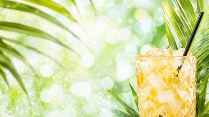 Tropical Delight: An exquisite refreshing drink, perfectly chilled, sits elegantly alongside lush foliage. The scene exudes an atmosphere of relaxation and tropical elegance.