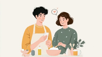 Young man and woman in a kitchen. the man is wearing a yellow apron and is holding a smartphone in his hand. he is looking at the phone screen with a smile on his face.
