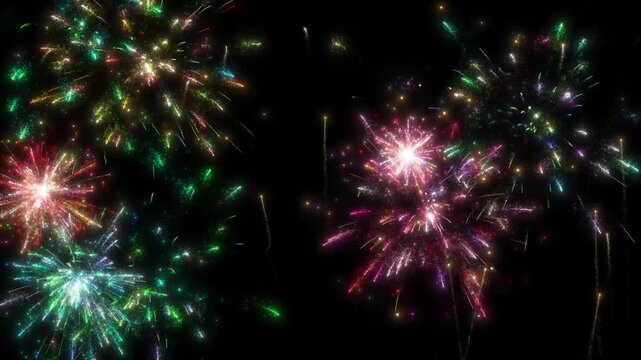Vibrant colorful fireworks bursting with bright festive sparks creating a dynamic celebration mood perfect for New Year Christmas holiday parties events festivals and joyful celebration visuals in 4K