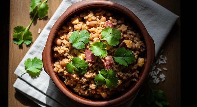 Overhead flat lay of Baio de Dois in a clay bowl. Vibrant cilantro garnish warm tones.