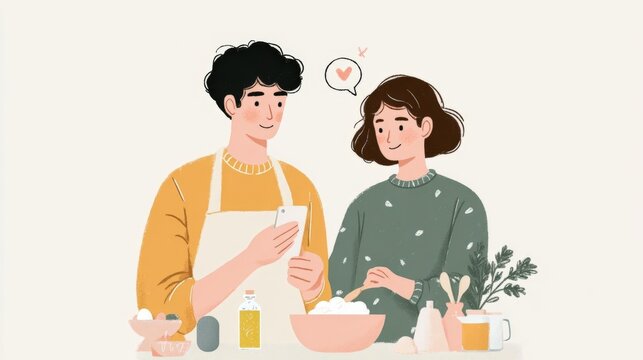 Young man and woman in a kitchen. the man is wearing a yellow apron and is holding a smartphone in his hand. he is looking at the phone screen with a smile on his face.