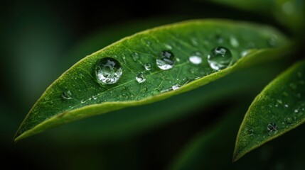 Fototapeta premium Macro shot of water droplets resting on a vibrant green leaf surface.