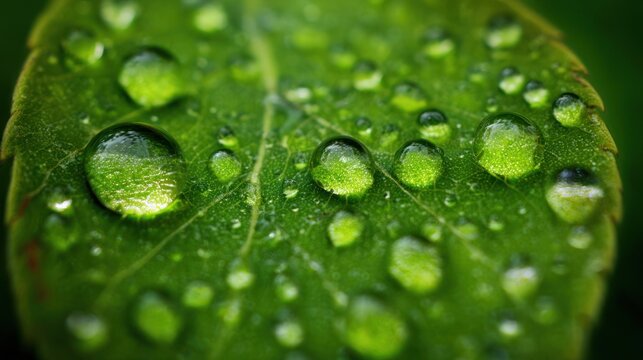Macro shot of water droplets resting on a vibrant green leaf surface.