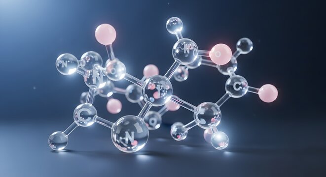 3D Molecular Structure of a Complex Organic Compound with Transparent Atoms molecule chemistry