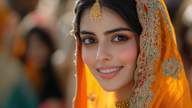 A smiling woman wears a traditional Indian yellow sari, suitable for cultural or travel-themed 