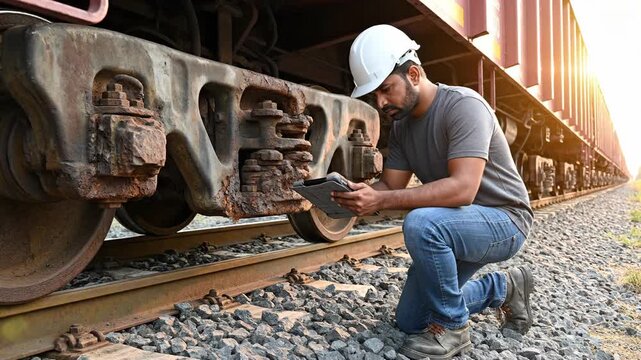 Professional railway engineer inspecting rusty freight train carriage bogie using a tablet device.
