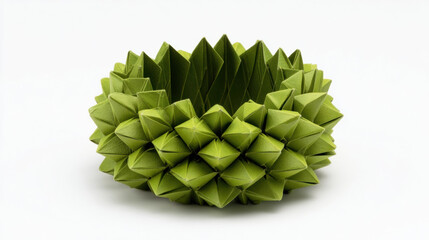 Green origami sculpture on white background, geometric paper art, This unique paper sculpture showcases the beauty of origami with its intricate geometric design and vibrant green color.