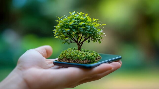 A man holds a smartphone in his hand, on which a miniature tree with a green crown grows on a small plot of land. The connection between technology and nature and environmental awareness.