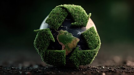 Earth globe with mossy recycling symbol on dark soil