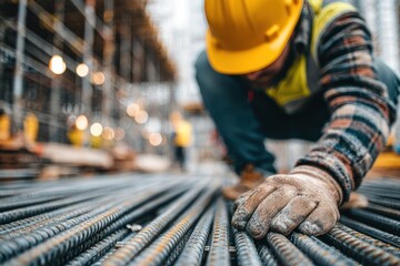 Construction worker touches steel rebar at a blurred building site.