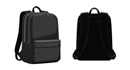 Naklejka premium A classic black school or travel backpack shown from the front and back views isolated on a white background illustration.