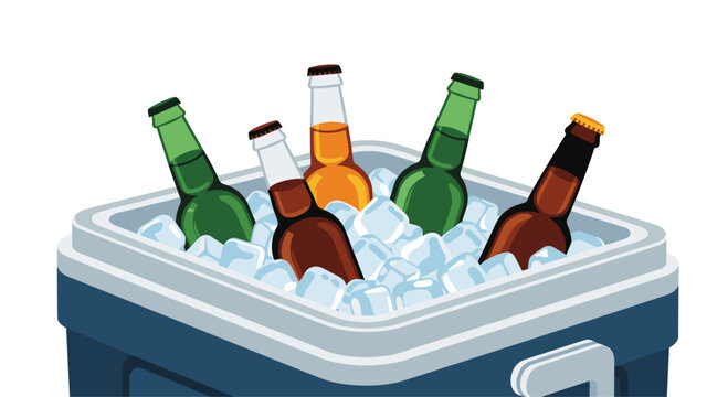 A portable blue cooler box filled with ice cubes and assorted glass bottles of cold beer for a summer party or picnic.