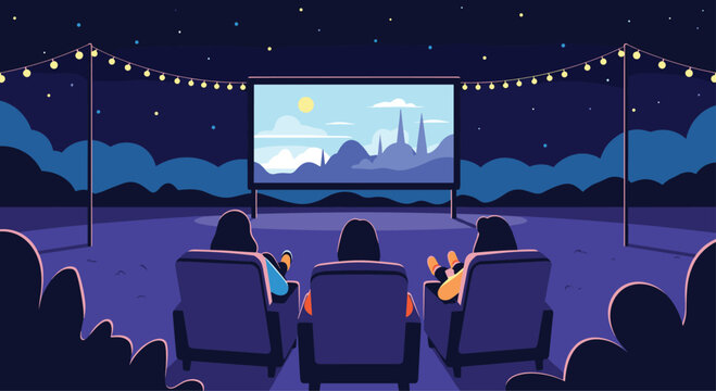 Three friends enjoying an outdoor movie night watching a film on a large screen under string lights and a starry sky.