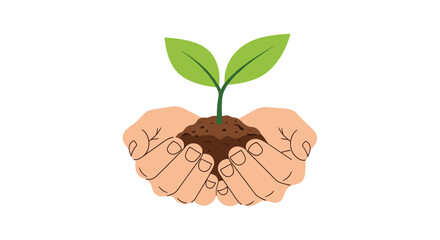A pair of hands gently holding a small green sprout growing in a handful of soil for an ecology and growth concept.