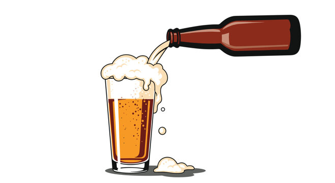A cartoon illustration of beer being poured from a brown bottle into a pint glass causing a lot of foam to overflow.