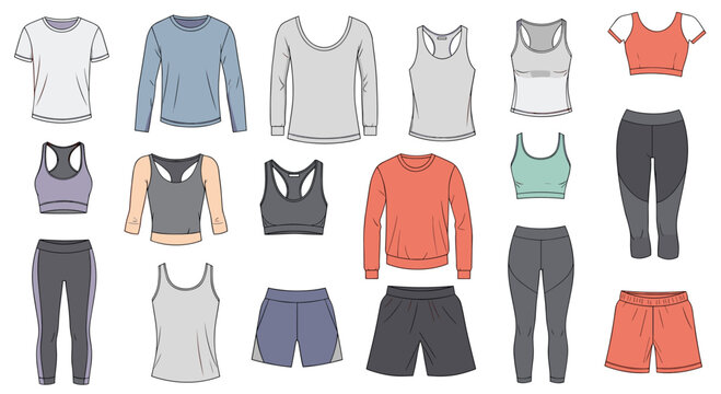 A complete collection of women's and men's sportswear and gym clothes including tops leggings and shorts on white.