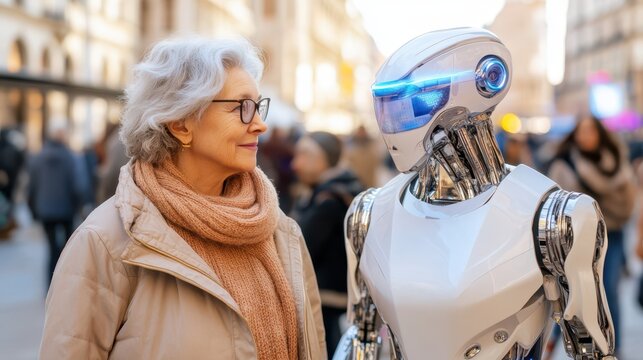 Robot and Senior Interaction: A candid portrait of an older woman engaging with a humanoid robot on a bustling city street, a poignant symbol of technological progress and human connection. - Powered by Adobe
