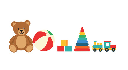 Obraz premium A colorful and playful collection of classic children's toys including a teddy bear a beach ball building blocks a stacking ring tower and a toy train.