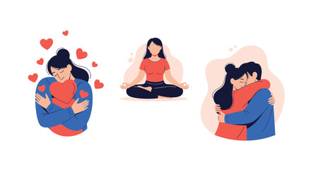 A set of illustrations promoting mental wellness and love showing a woman practicing self-love a person meditating and a couple in a warm embrace.