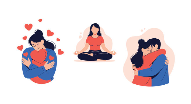 A set of illustrations promoting mental wellness and love showing a woman practicing self-love a person meditating and a couple in a warm embrace.
