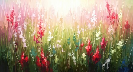 Vibrant impressionist painting of a sunlit meadow filled with tall red and white wildflowers in lush green grass
