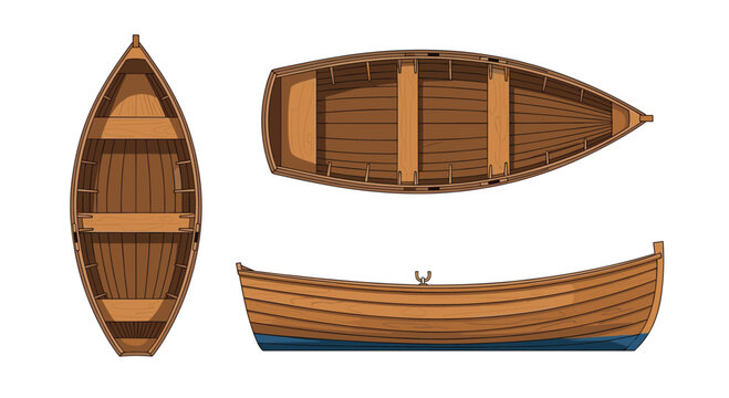A detailed illustration of a classic wooden rowboat shown from three different angles a side profile a top view and an interior top-down view.