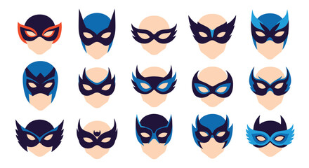 A collection of fifteen different blue and black superhero masks for carnivals or costume parties isolated on a white background.