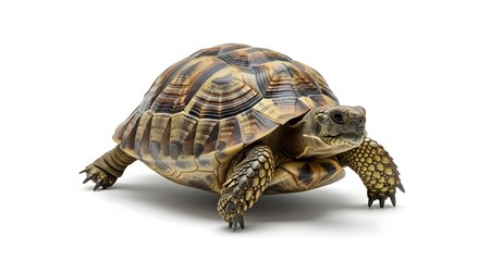   a tortoise with a patterned shell isolated on a white background