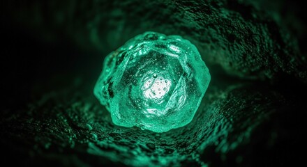 Glowing green crystal a magical mineral with internal light set against a dark textured background