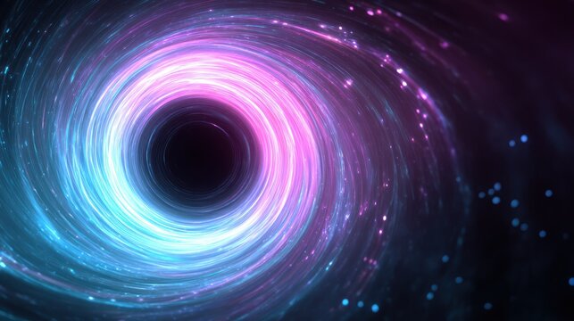 Abstract swirling vortex of blue and pink light trails in dark space.