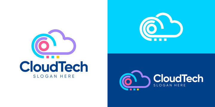 Creative simple cloud tech logo template. Cloud database logo design vector illustration.