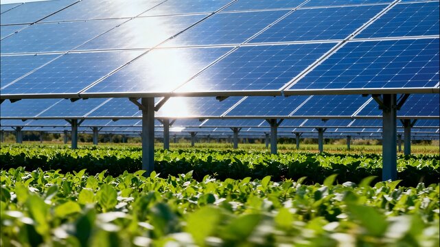 A vast field of blue solar panels standing above a vibrant green agricultural crop, illustrating the concept of agrivoltaics and sustainable energy production.