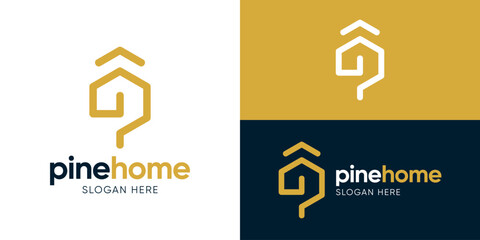 Creative simple pine home logo template. Abstract letter P with home and pine tree logo design vector illustration.