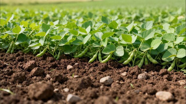 Close-up view of mature soybean plants with visible pods growing in dark, clumpy agricultural soil, showcasing a healthy and ready-to-harvest crop.