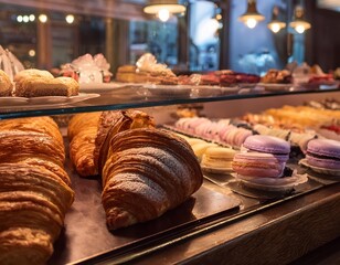 Bakery display with french croissants and macarons
