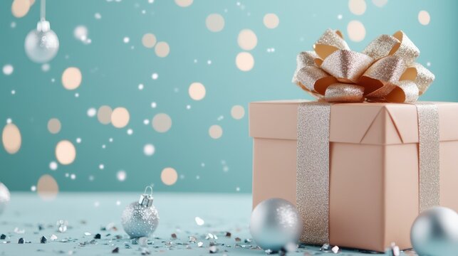 Wrapped Elegance: A beautifully wrapped gift box sits gracefully, adorned with a delicate bow and surrounded by sparkling ornaments, conveying a sense of anticipation and the magic of gifting.