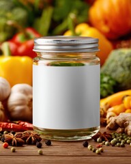 Glass jar surrounded by spices and fresh vegetables on wood