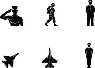 Saluting and Standing Soldiers with Fighter Jets in Black and White Illustrations Conveying Military Strength Defense and Patriotism